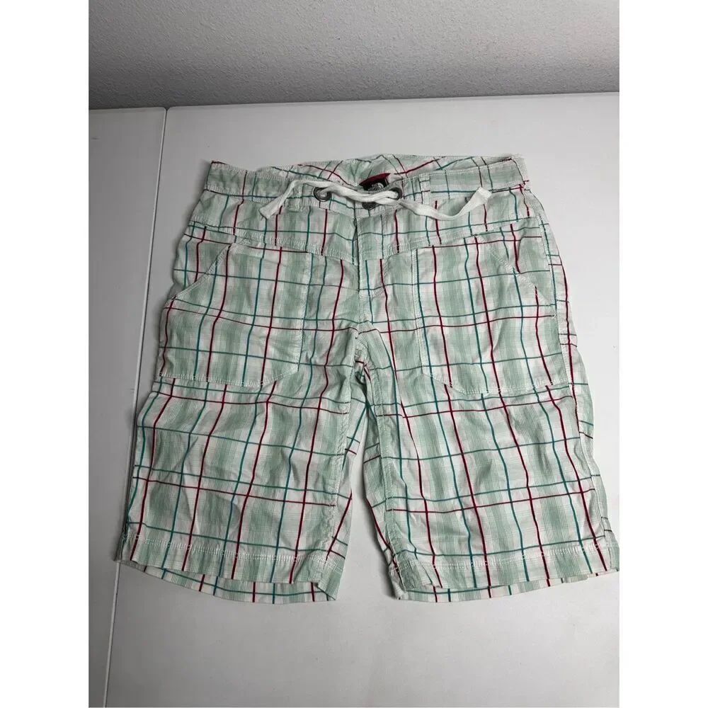 North Face Shorts Sz 8 Womens Chino Plaid Outdoor Travel Hiking Trail Drawstring